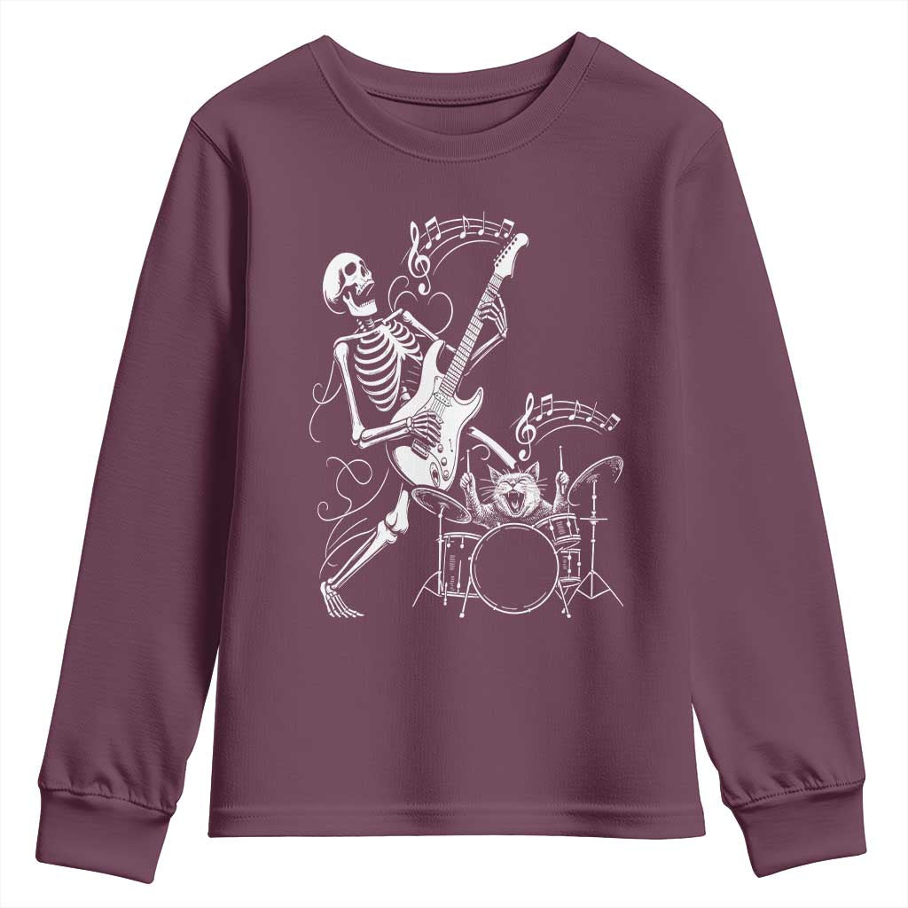 Rock Skeleton Cat Playing Guitar Youth Sweatshirt Funny Halloween Kitty Music Lovers TS14 Maroon Print Your Wear