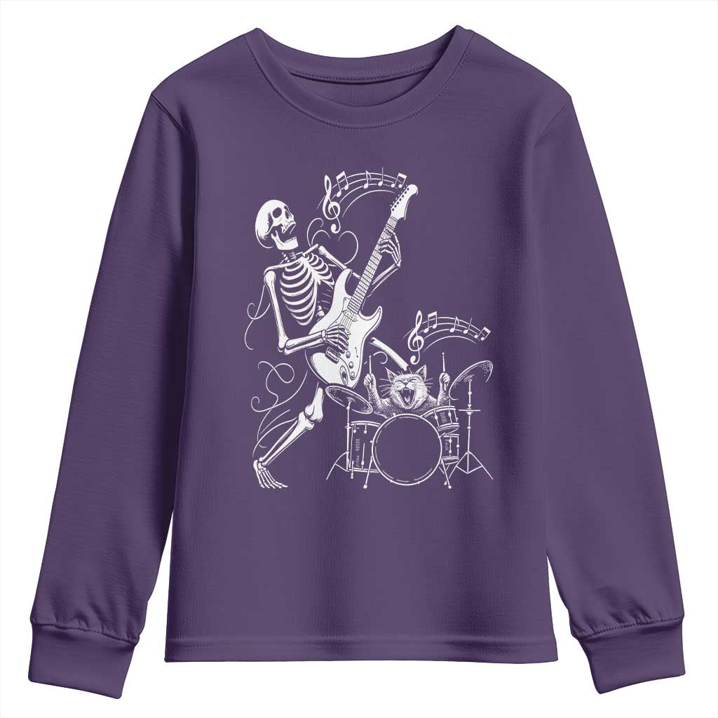 Rock Skeleton Cat Playing Guitar Youth Sweatshirt Funny Halloween Kitty Music Lovers TS14 Purple Print Your Wear