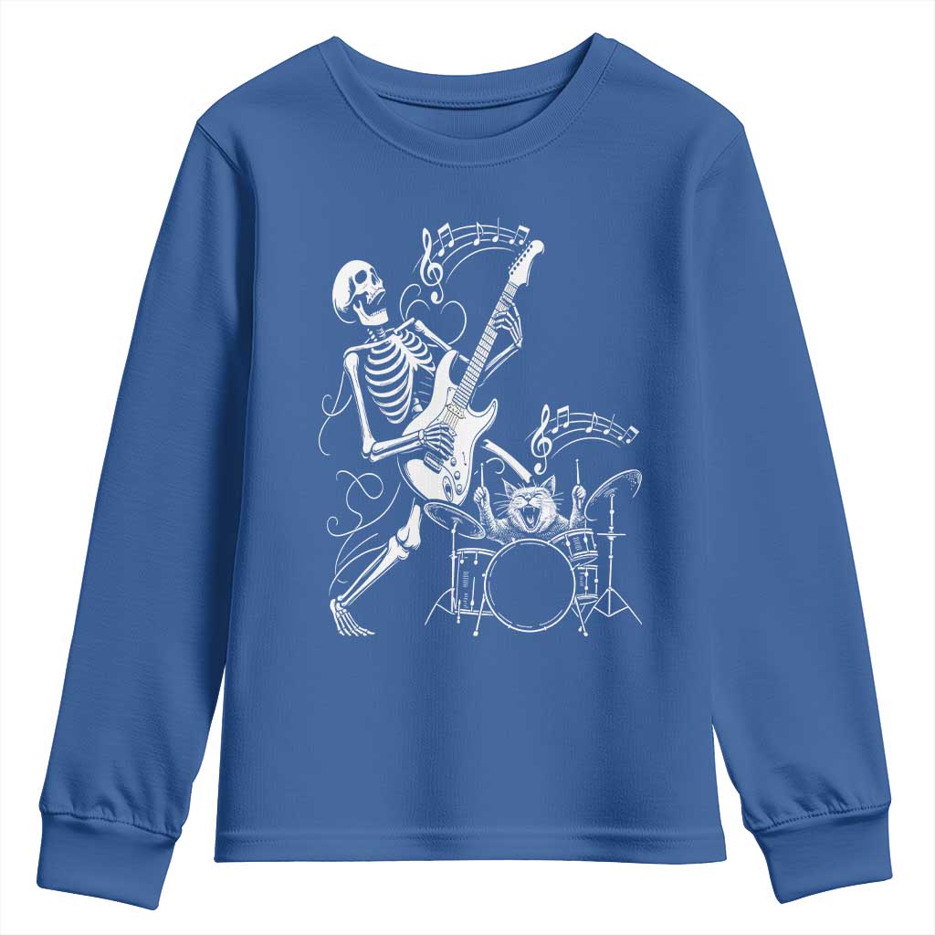 Rock Skeleton Cat Playing Guitar Youth Sweatshirt Funny Halloween Kitty Music Lovers TS14 Royal Blue Print Your Wear