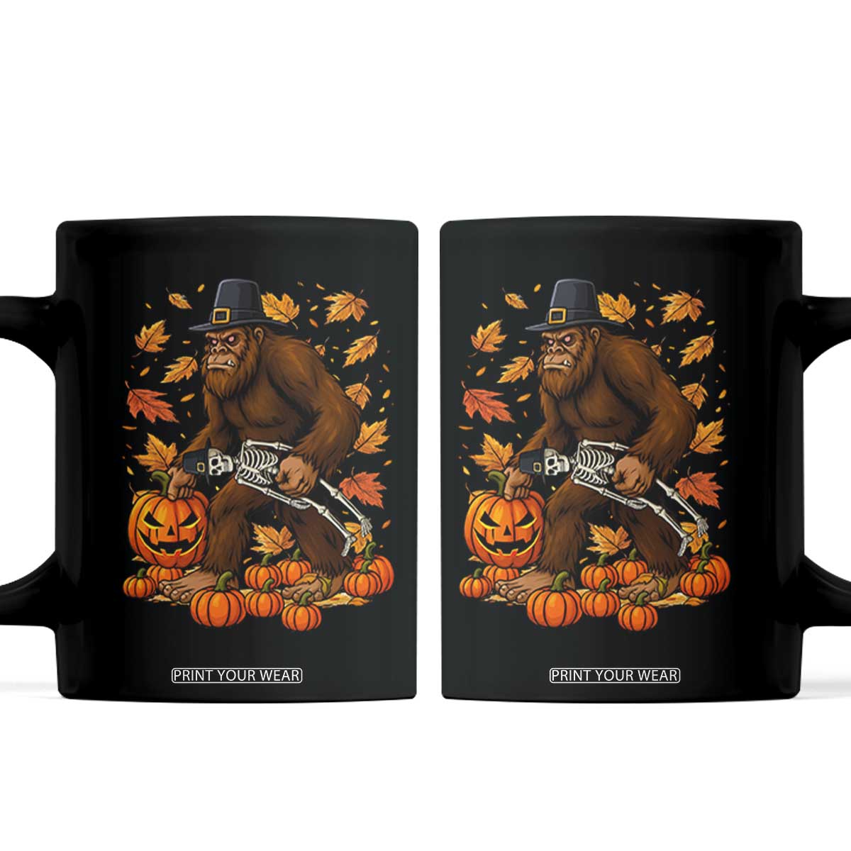 Funny Bigfoot Skeleton Coffee Mug Thanksgiving Day Sasquatch Pilgrim TS14 Black Print Your Wear