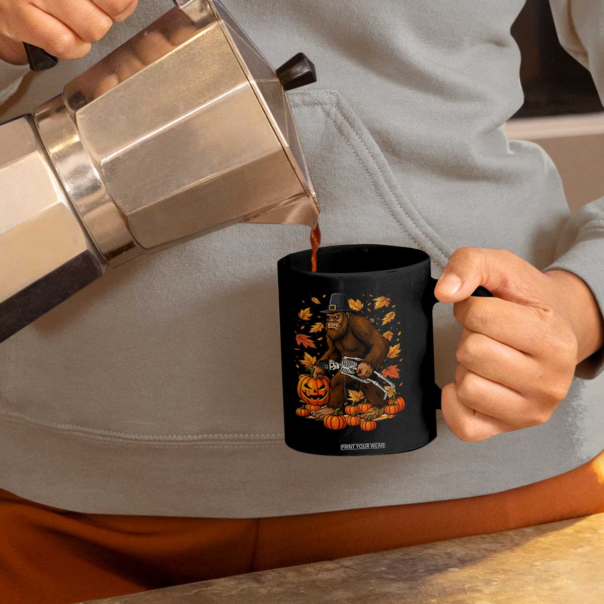 Funny Bigfoot Skeleton Coffee Mug Thanksgiving Day Sasquatch Pilgrim TS14 Print Your Wear