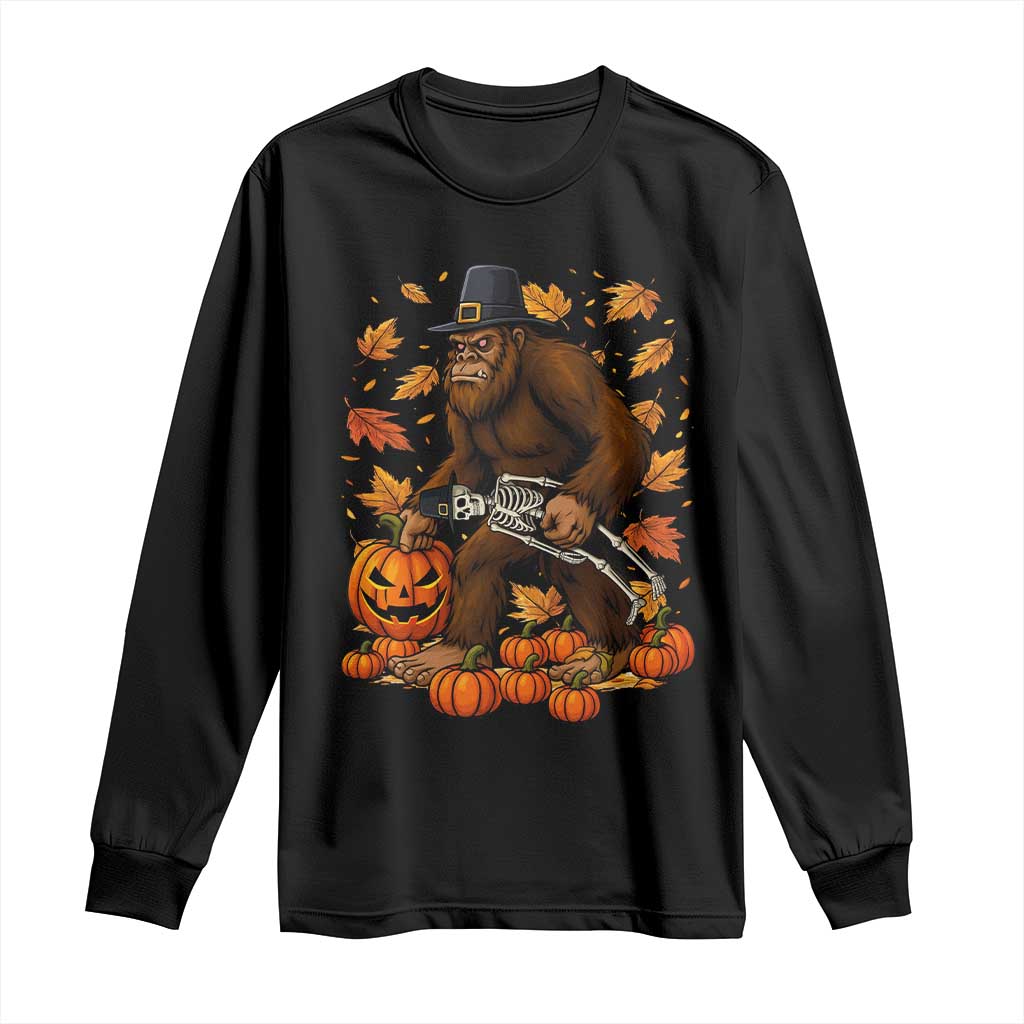Funny Bigfoot Skeleton Long Sleeve Shirt Thanksgiving Day Sasquatch Pilgrim TS14 Black Print Your Wear