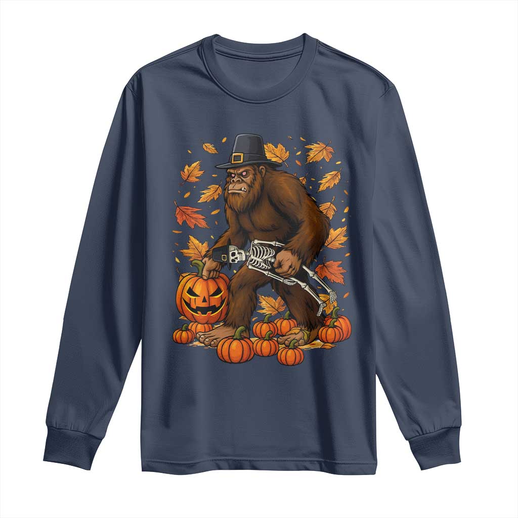 Funny Bigfoot Skeleton Long Sleeve Shirt Thanksgiving Day Sasquatch Pilgrim TS14 Navy Print Your Wear