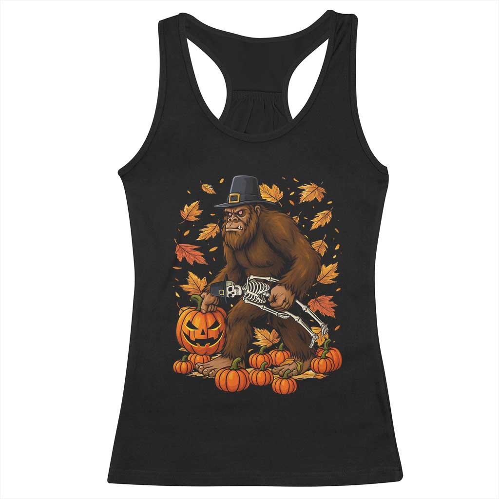 Funny Bigfoot Skeleton Racerback Tank Top Thanksgiving Day Sasquatch Pilgrim TS14 Black Print Your Wear