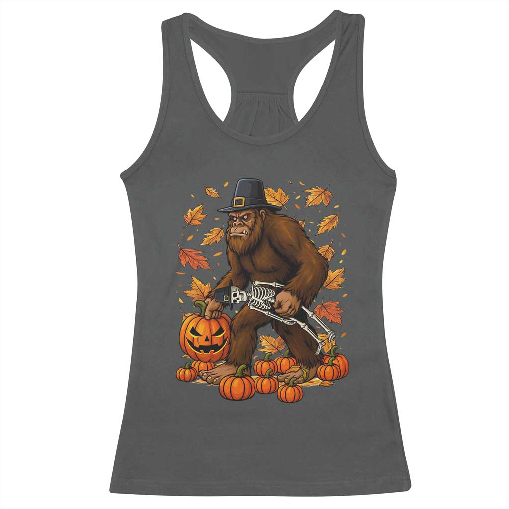 Funny Bigfoot Skeleton Racerback Tank Top Thanksgiving Day Sasquatch Pilgrim TS14 Dark Heather Print Your Wear