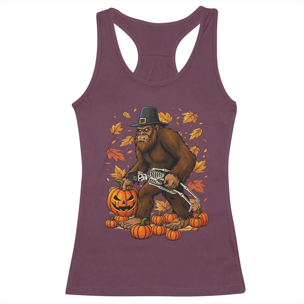 Funny Bigfoot Skeleton Racerback Tank Top Thanksgiving Day Sasquatch Pilgrim TS14 Maroon Print Your Wear