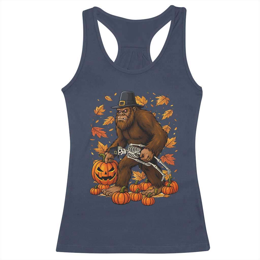 Funny Bigfoot Skeleton Racerback Tank Top Thanksgiving Day Sasquatch Pilgrim TS14 Navy Print Your Wear