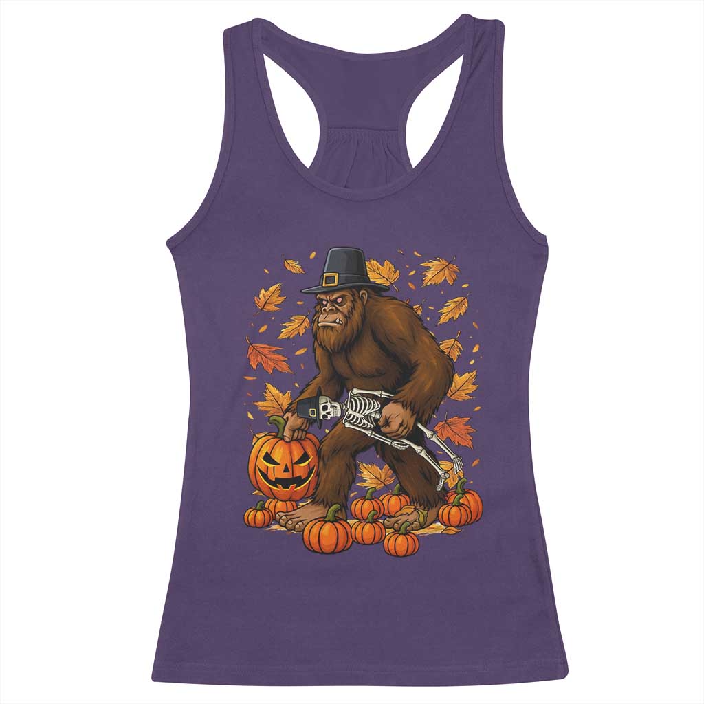 Funny Bigfoot Skeleton Racerback Tank Top Thanksgiving Day Sasquatch Pilgrim TS14 Purple Print Your Wear