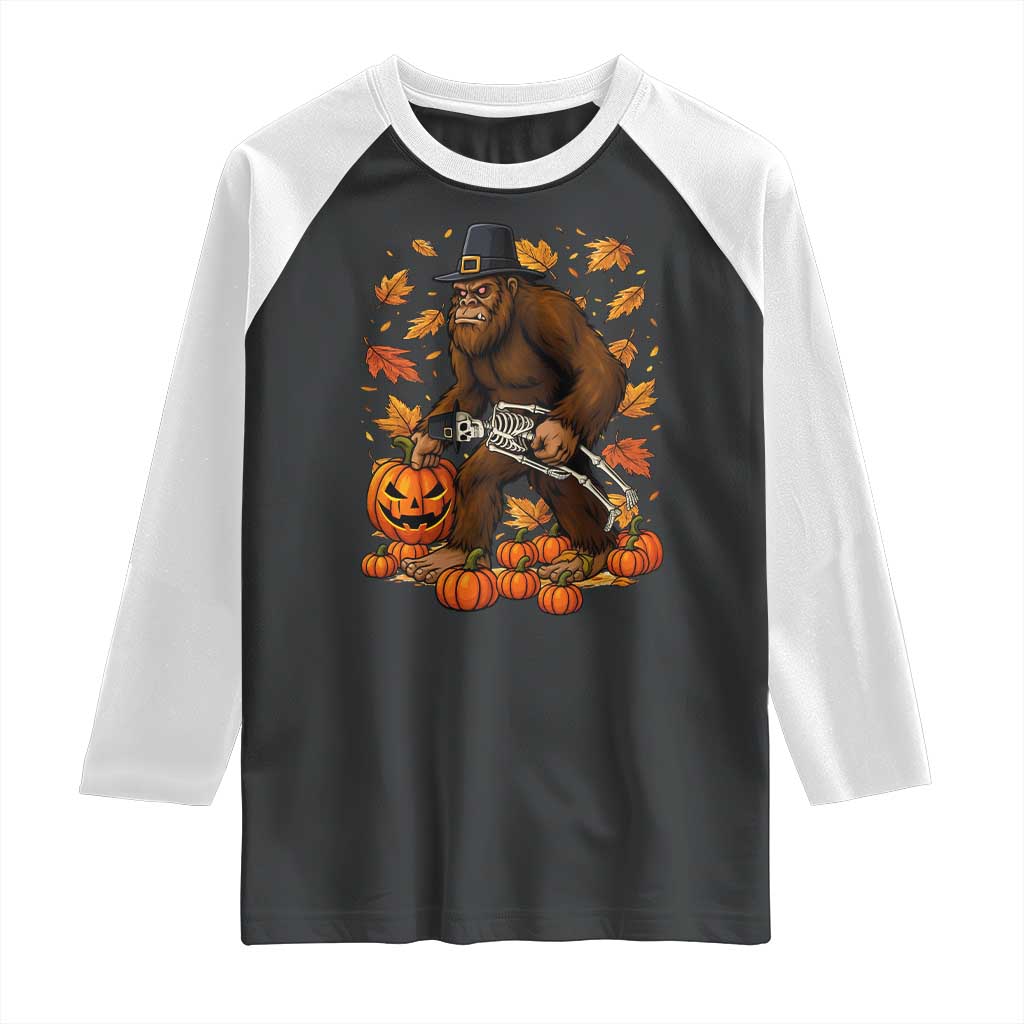 Funny Bigfoot Skeleton Raglan Shirt Thanksgiving Day Sasquatch Pilgrim TS14 Black White Print Your Wear