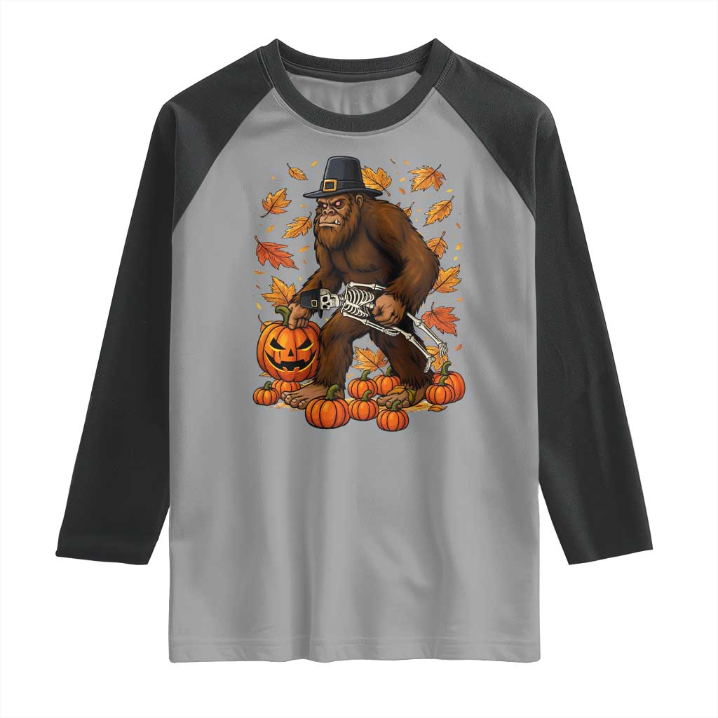 Funny Bigfoot Skeleton Raglan Shirt Thanksgiving Day Sasquatch Pilgrim TS14 Sport Gray Black Print Your Wear