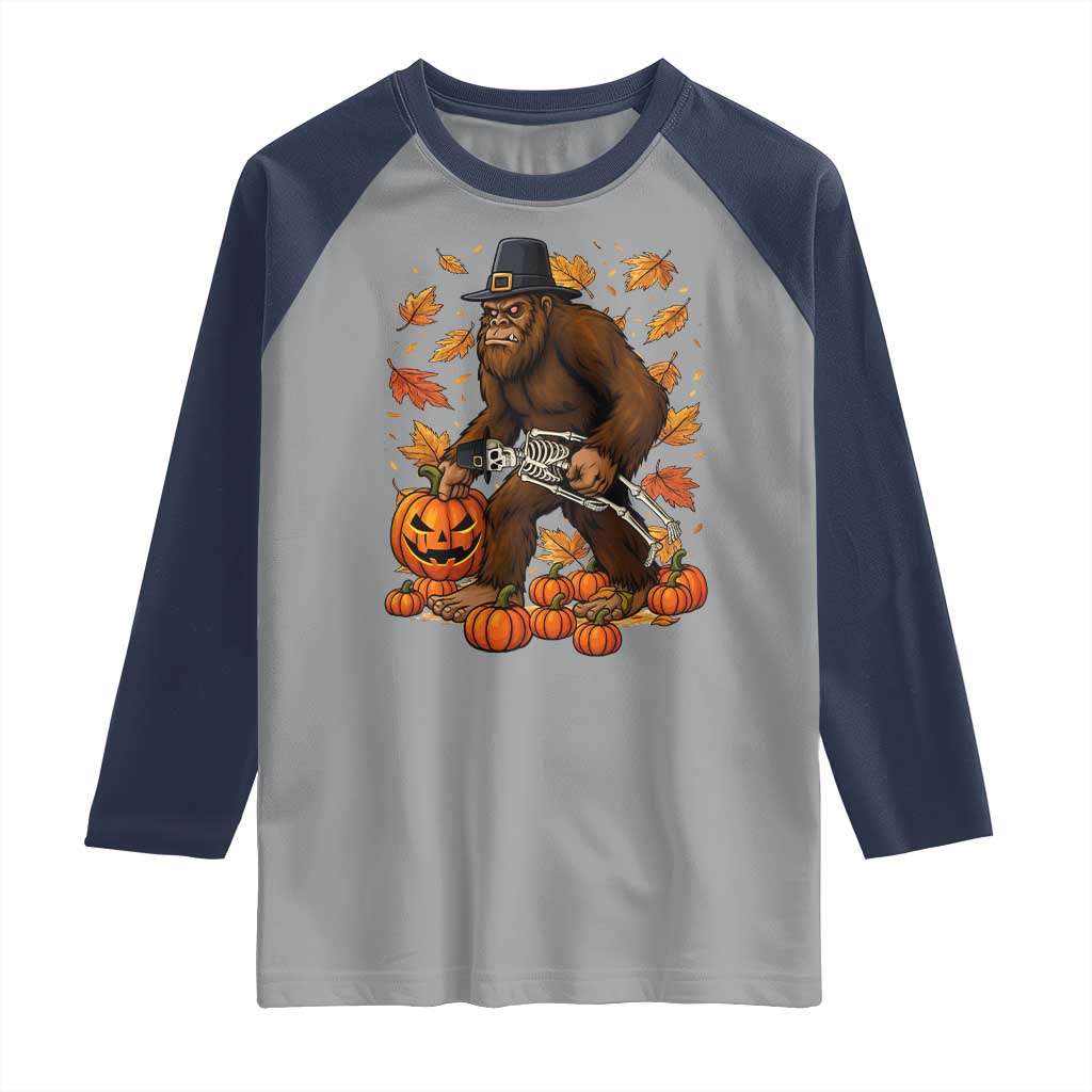 Funny Bigfoot Skeleton Raglan Shirt Thanksgiving Day Sasquatch Pilgrim TS14 Sport Gray Navy Print Your Wear