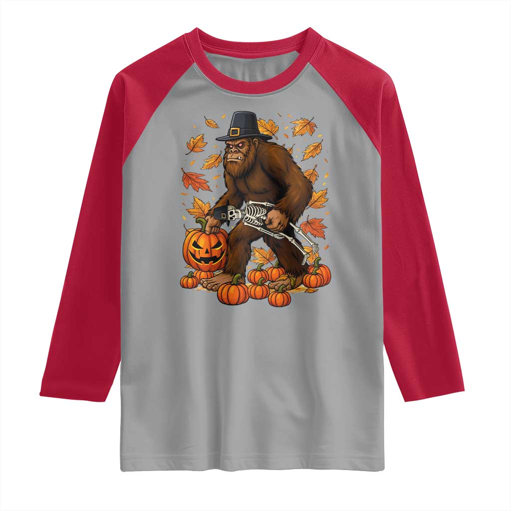 Funny Bigfoot Skeleton Raglan Shirt Thanksgiving Day Sasquatch Pilgrim TS14 Sport Gray Red Print Your Wear