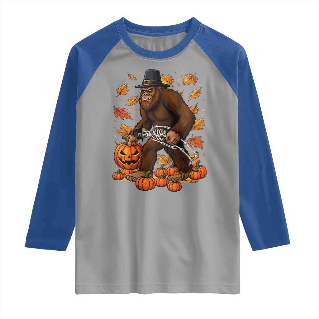 Funny Bigfoot Skeleton Raglan Shirt Thanksgiving Day Sasquatch Pilgrim TS14 Sport Gray Royal Print Your Wear