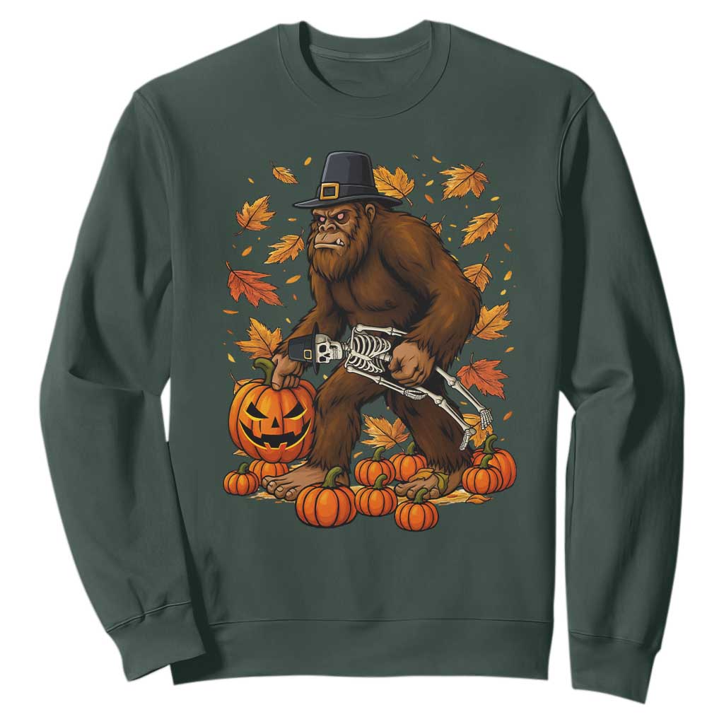 Funny Bigfoot Skeleton Sweatshirt Thanksgiving Day Sasquatch Pilgrim TS14 Dark Forest Green Print Your Wear