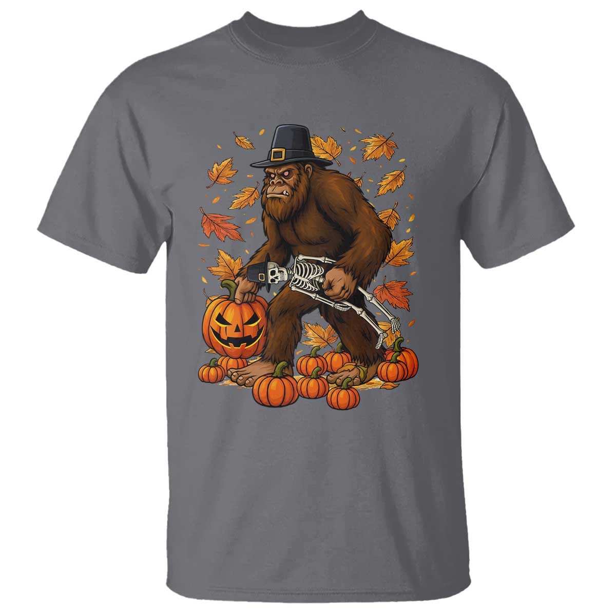 Funny Bigfoot Skeleton T Shirt Thanksgiving Day Sasquatch Pilgrim TS14 Charcoal Print Your Wear