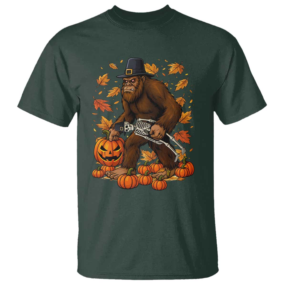 Funny Bigfoot Skeleton T Shirt Thanksgiving Day Sasquatch Pilgrim TS14 Dark Forest Green Print Your Wear