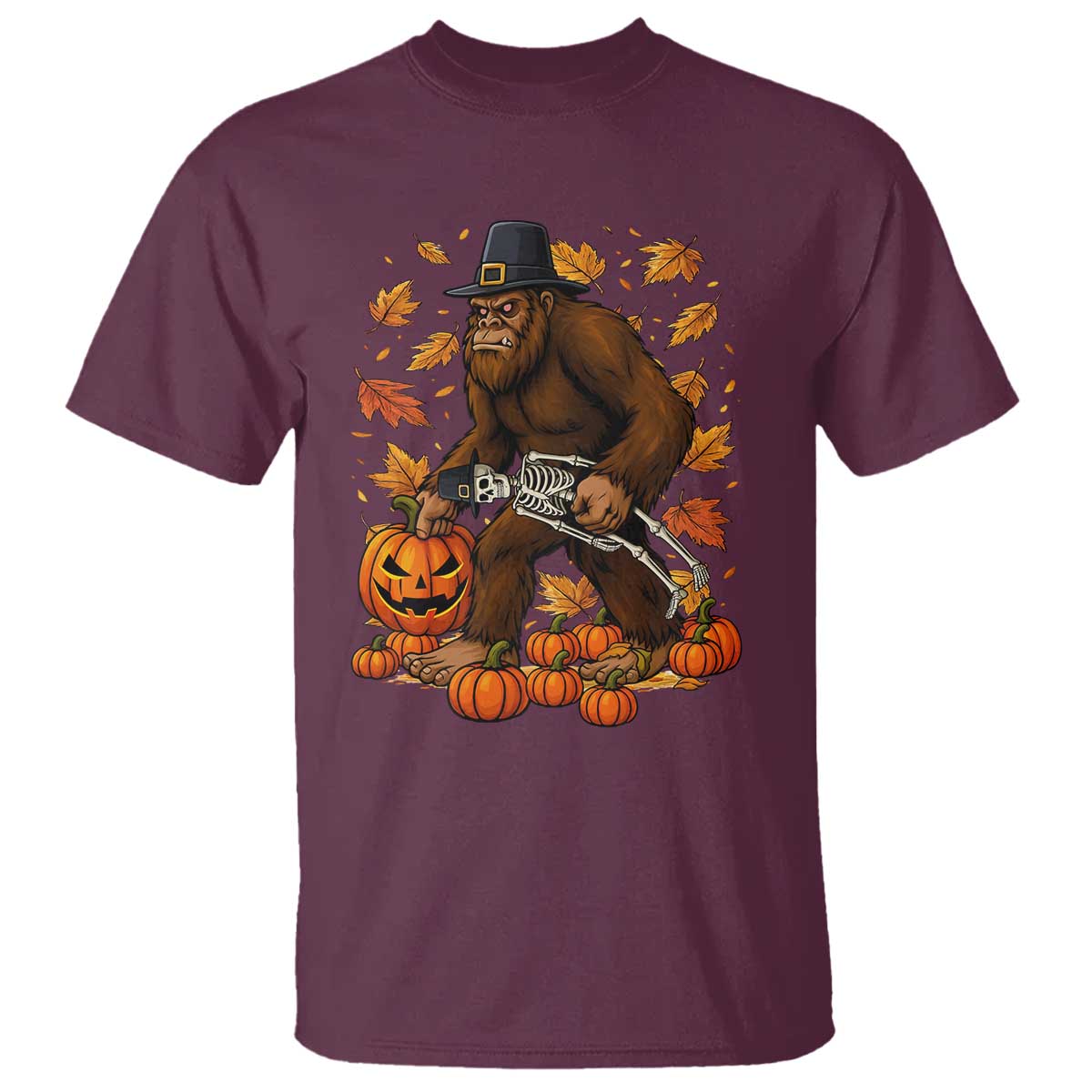 Funny Bigfoot Skeleton T Shirt Thanksgiving Day Sasquatch Pilgrim TS14 Maroon Print Your Wear