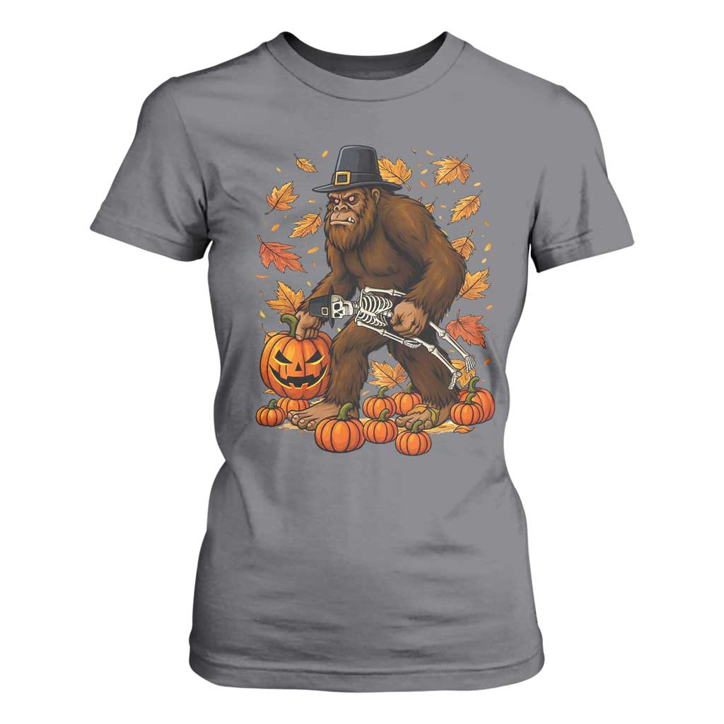 Funny Bigfoot Skeleton T Shirt For Women Thanksgiving Day Sasquatch Pilgrim TS14 Charcoal Print Your Wear
