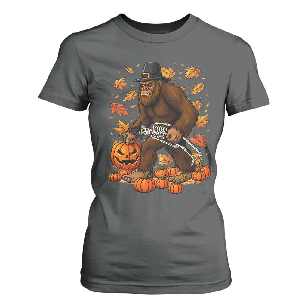 Funny Bigfoot Skeleton T Shirt For Women Thanksgiving Day Sasquatch Pilgrim TS14 Dark Heather Print Your Wear