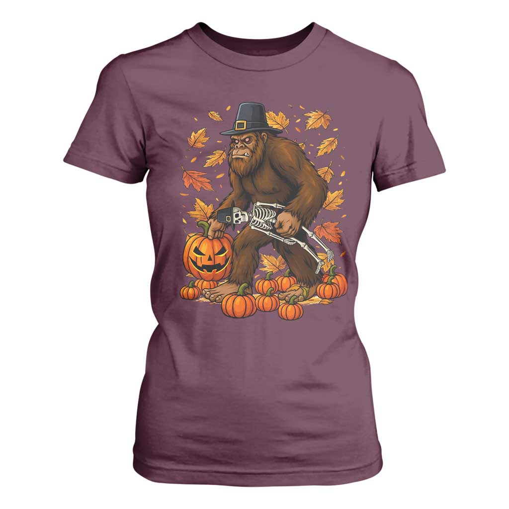 Funny Bigfoot Skeleton T Shirt For Women Thanksgiving Day Sasquatch Pilgrim TS14 Maroon Print Your Wear