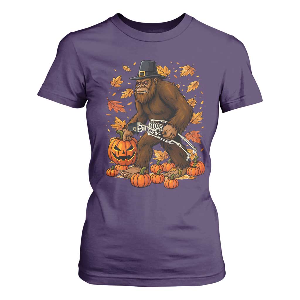 Funny Bigfoot Skeleton T Shirt For Women Thanksgiving Day Sasquatch Pilgrim TS14 Purple Print Your Wear