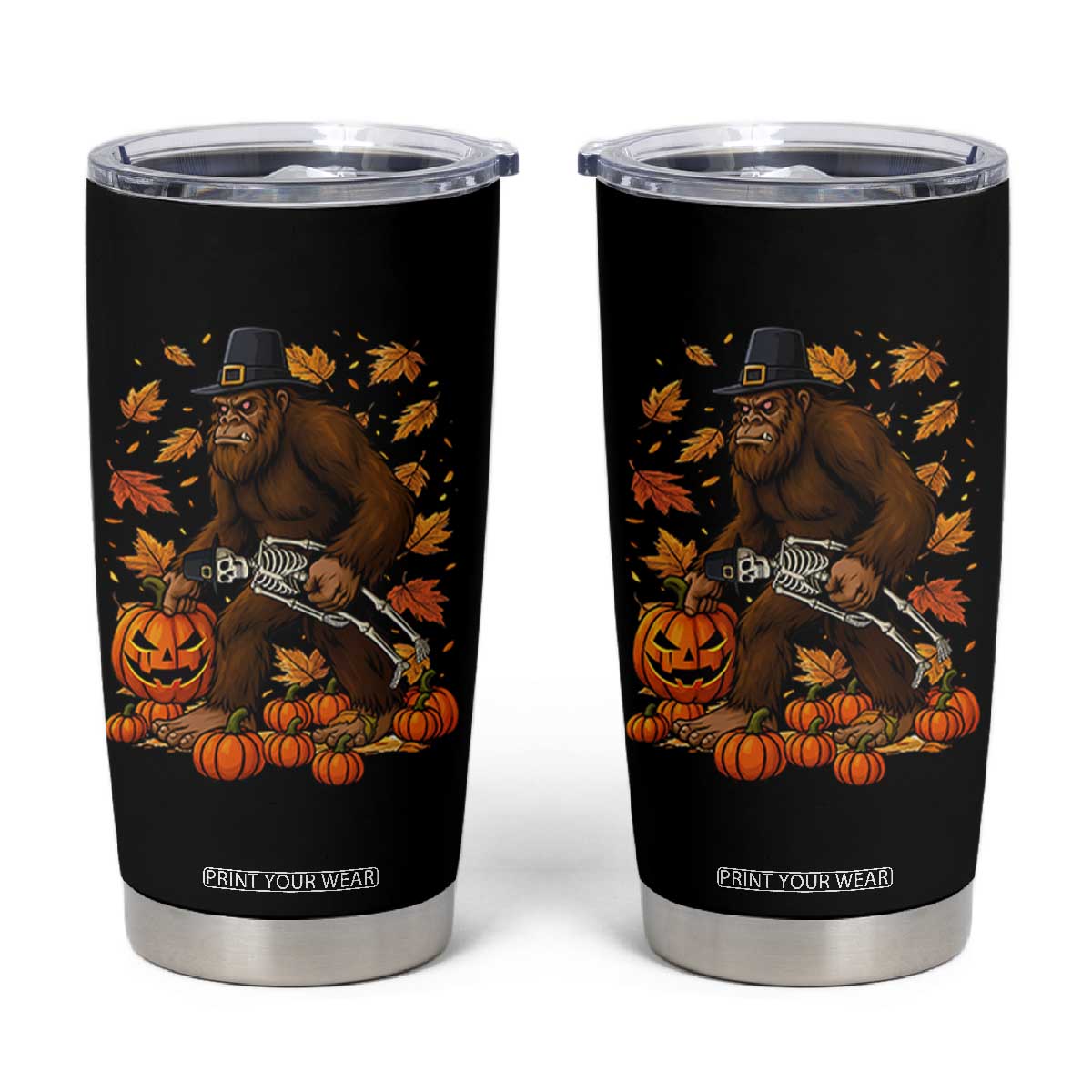 Funny Bigfoot Skeleton Tumbler Cup Thanksgiving Day Sasquatch Pilgrim TS14 Black Print Your Wear