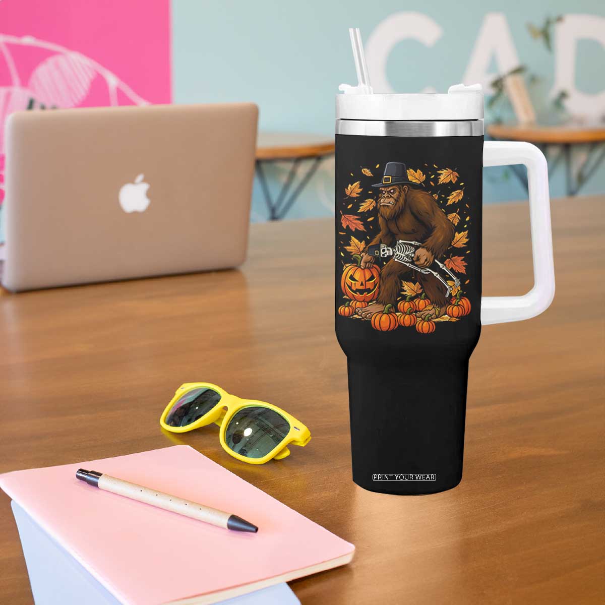 Funny Bigfoot Skeleton Tumbler With Handle Thanksgiving Day Sasquatch Pilgrim TS14 Print Your Wear