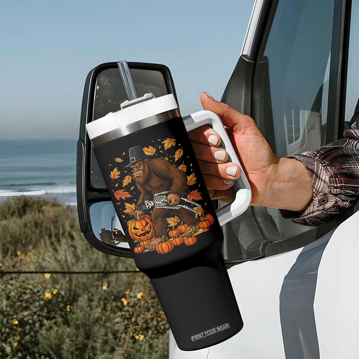 Funny Bigfoot Skeleton Tumbler With Handle Thanksgiving Day Sasquatch Pilgrim TS14 Print Your Wear