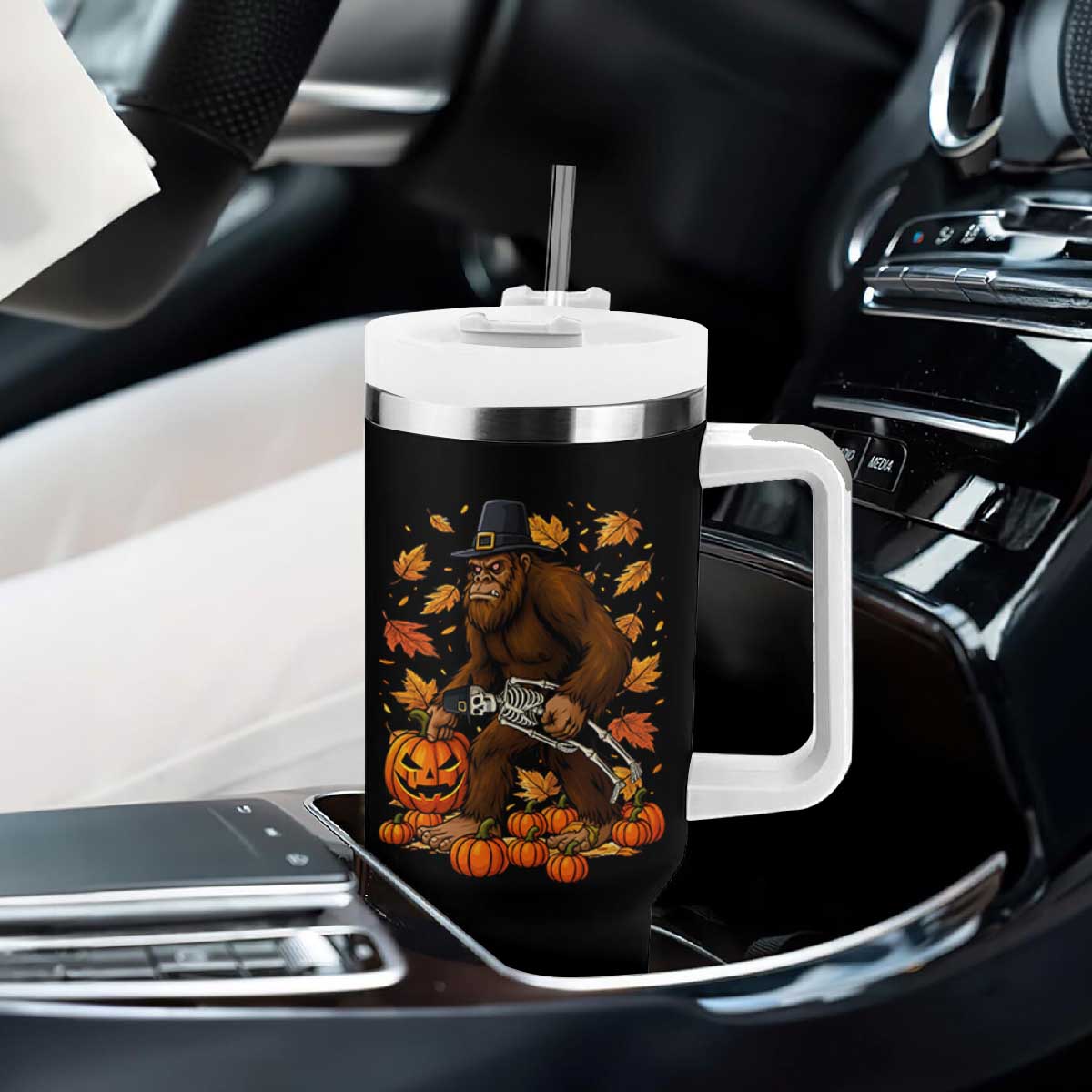 Funny Bigfoot Skeleton Tumbler With Handle Thanksgiving Day Sasquatch Pilgrim TS14 Print Your Wear