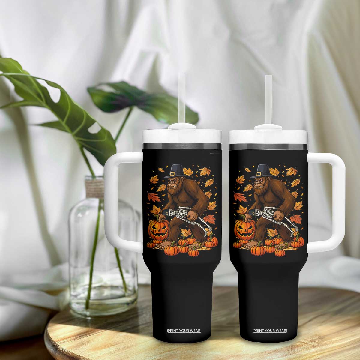 Funny Bigfoot Skeleton Tumbler With Handle Thanksgiving Day Sasquatch Pilgrim TS14 Print Your Wear