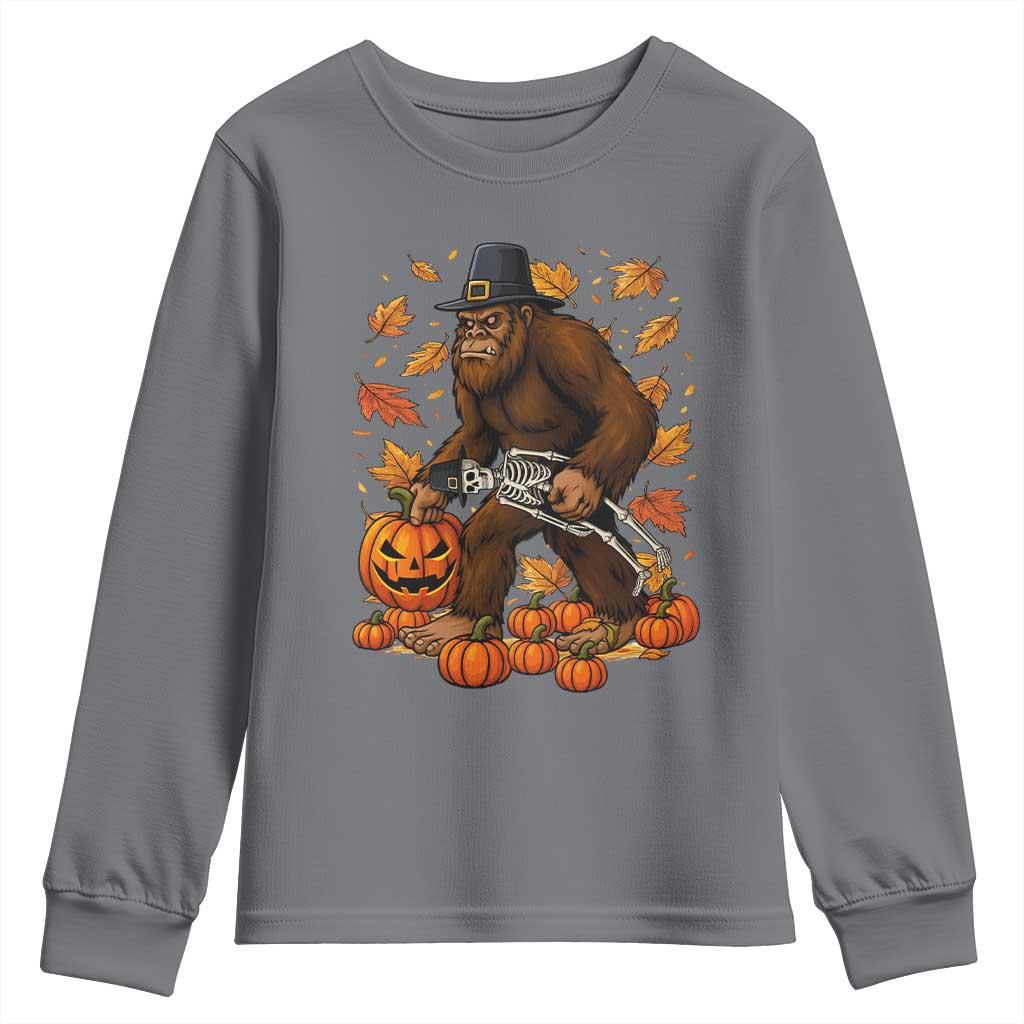 Funny Bigfoot Skeleton Youth Sweatshirt Thanksgiving Day Sasquatch Pilgrim TS14 Charcoal Print Your Wear