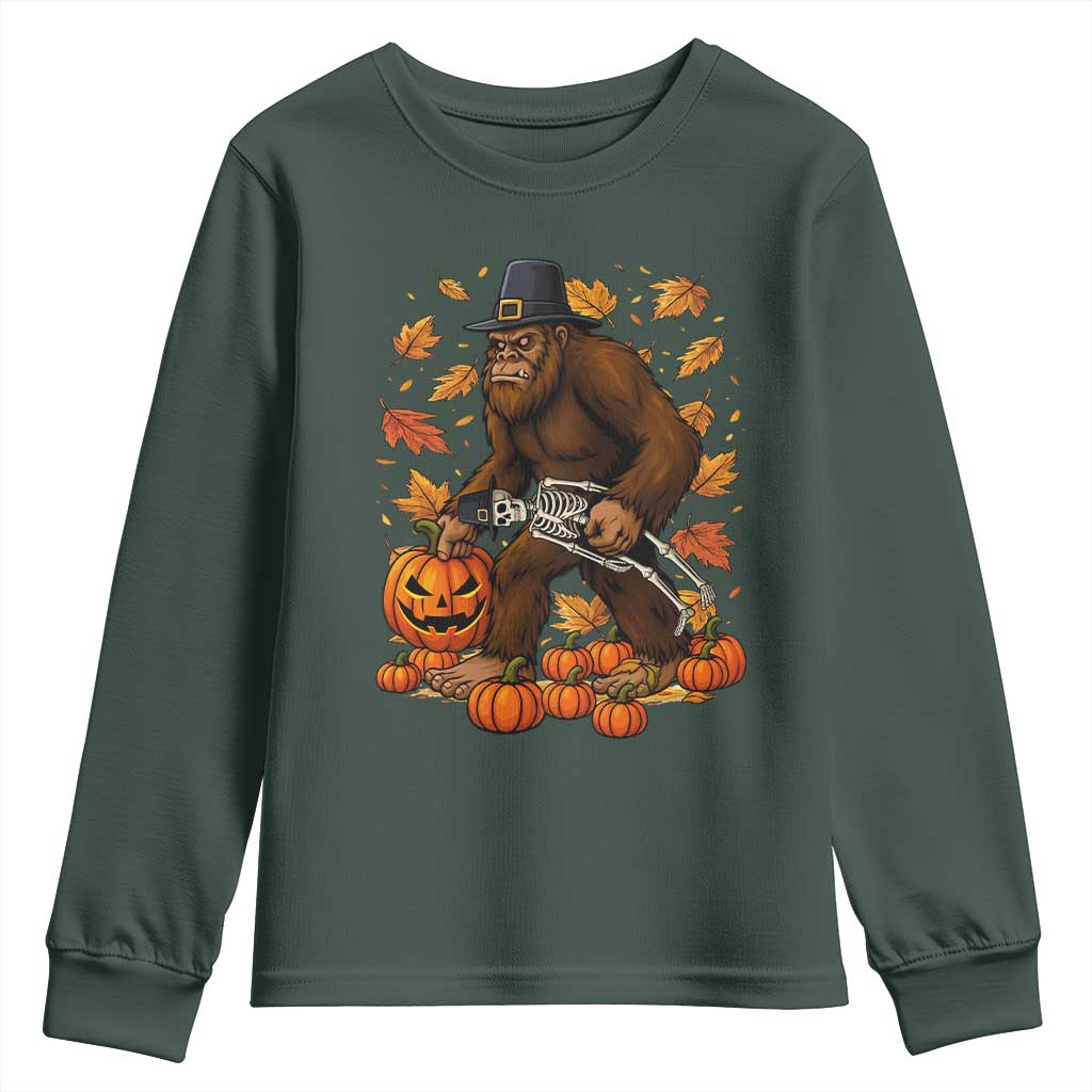 Funny Bigfoot Skeleton Youth Sweatshirt Thanksgiving Day Sasquatch Pilgrim TS14 Dark Forest Green Print Your Wear