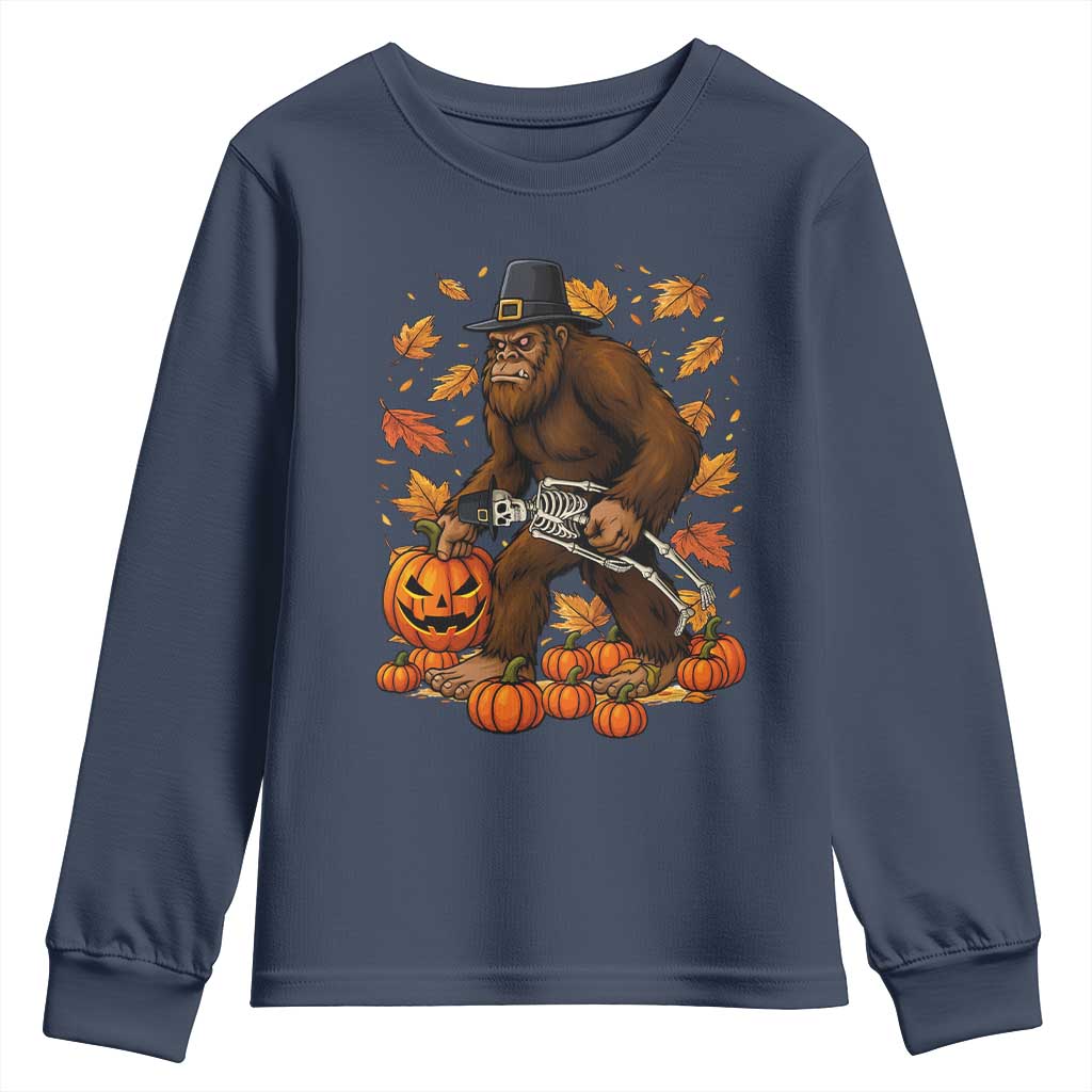 Funny Bigfoot Skeleton Youth Sweatshirt Thanksgiving Day Sasquatch Pilgrim TS14 Navy Print Your Wear