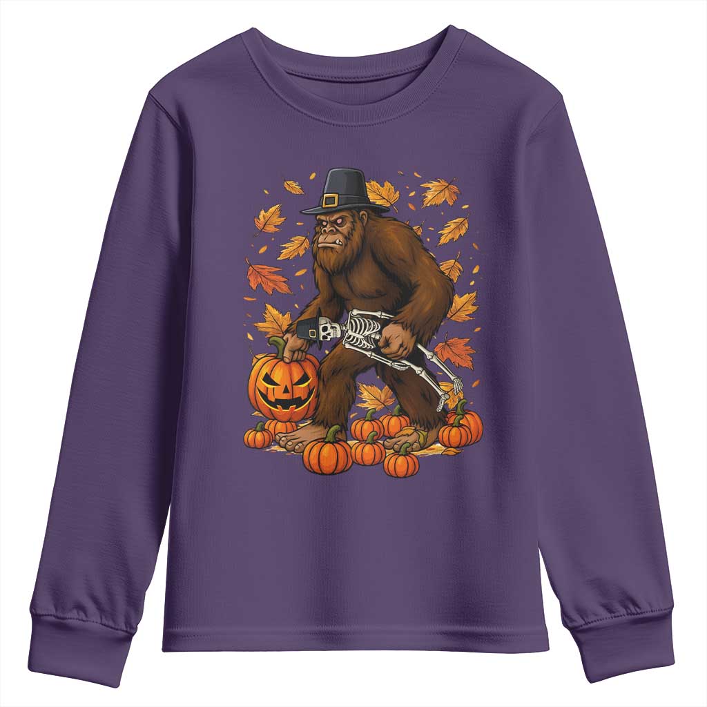 Funny Bigfoot Skeleton Youth Sweatshirt Thanksgiving Day Sasquatch Pilgrim TS14 Purple Print Your Wear