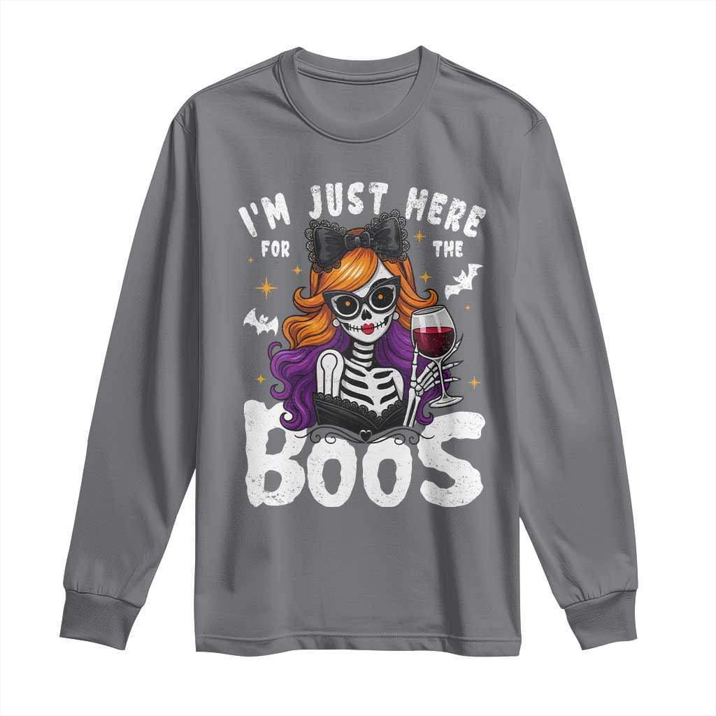 Funny Skull Halloween Long Sleeve Shirt I Am Just Here For The Boos Skeleton Party Girl TS14 Charcoal Print Your Wear