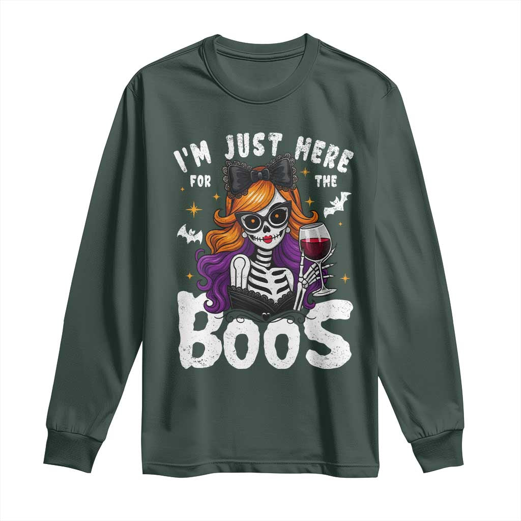 Funny Skull Halloween Long Sleeve Shirt I Am Just Here For The Boos Skeleton Party Girl TS14 Dark Forest Green Print Your Wear