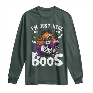 Funny Skull Halloween Long Sleeve Shirt I Am Just Here For The Boos Skeleton Party Girl TS14 Dark Forest Green Print Your Wear