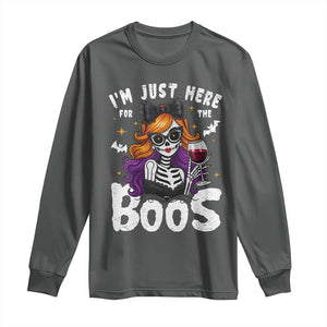 Funny Skull Halloween Long Sleeve Shirt I Am Just Here For The Boos Skeleton Party Girl TS14 Dark Heather Print Your Wear