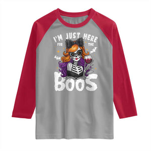Funny Skull Halloween Raglan Shirt I Am Just Here For The Boos Skeleton Party Girl TS14 Sport Gray Red Print Your Wear