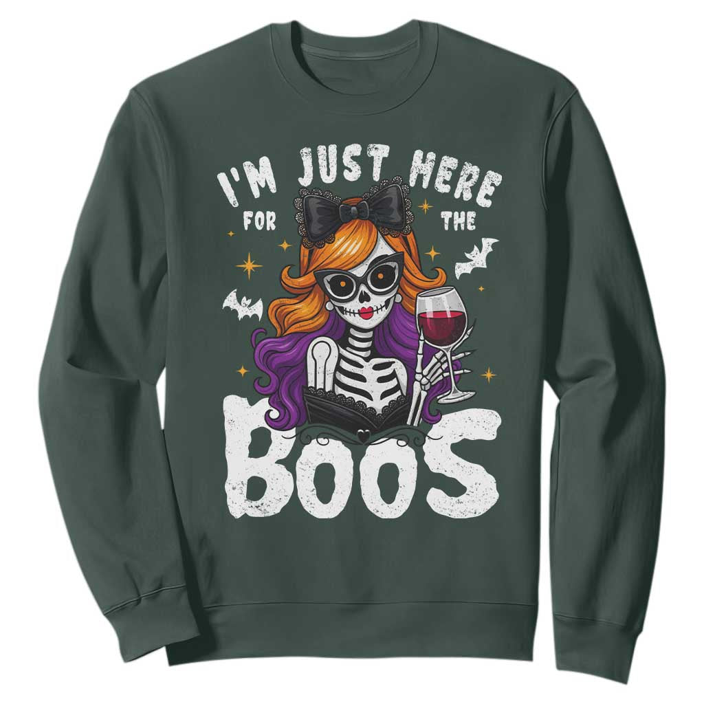 Funny Skull Halloween Sweatshirt I Am Just Here For The Boos Skeleton Party Girl TS14 Dark Forest Green Print Your Wear