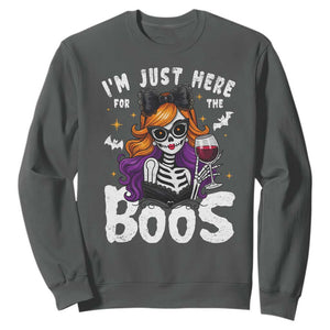 Funny Skull Halloween Sweatshirt I Am Just Here For The Boos Skeleton Party Girl TS14 Dark Heather Print Your Wear