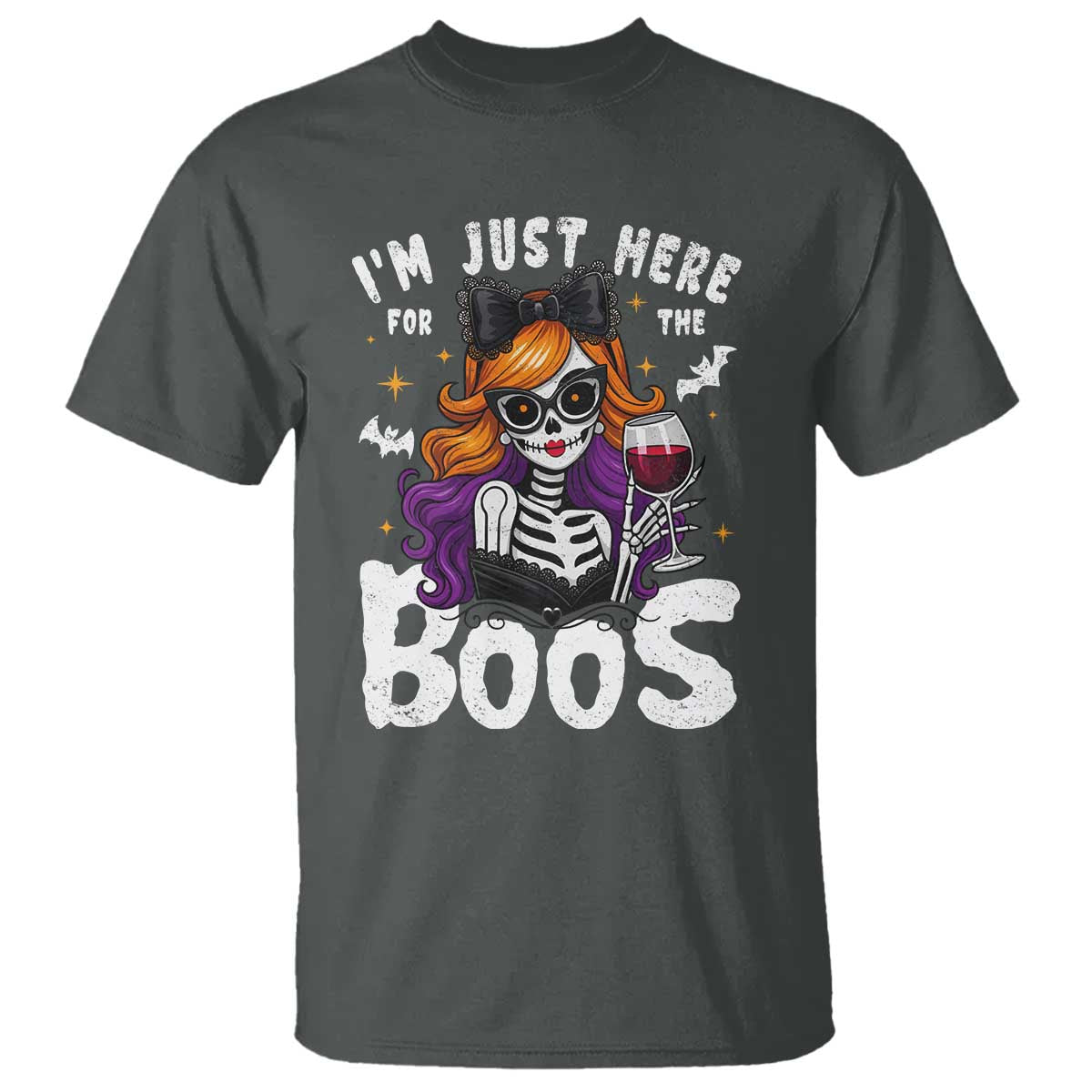 Funny Skull Halloween T Shirt I Am Just Here For The Boos Skeleton Party Girl TS14 Dark Heather Print Your Wear