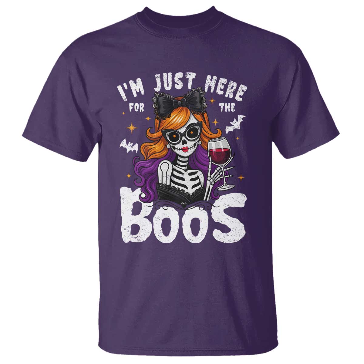Funny Skull Halloween T Shirt I Am Just Here For The Boos Skeleton Party Girl TS14 Purple Print Your Wear