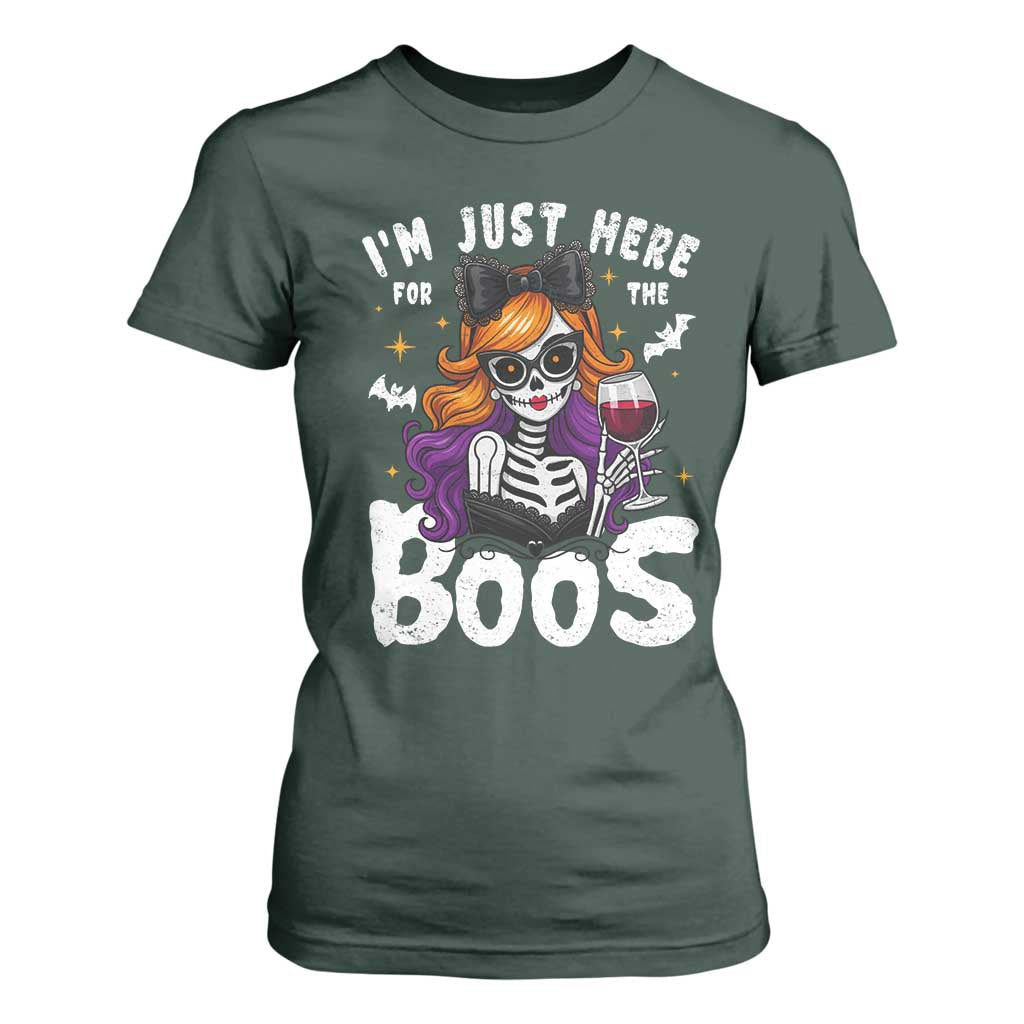 Funny Skull Halloween T Shirt For Women I Am Just Here For The Boos Skeleton Party Girl TS14 Dark Forest Green Print Your Wear