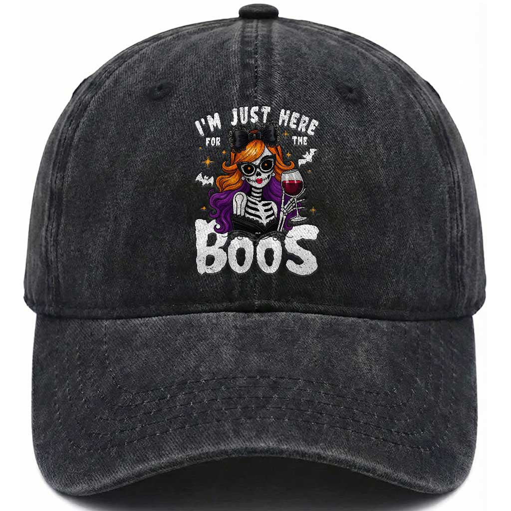 Funny Skull Halloween Washed Cotton Baseball Cap I Am Just Here For The Boos Skeleton Party Girl TS14 Washed Cap Universal Fit Black Print Your Wear