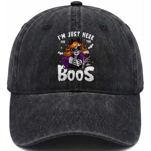 Funny Skull Halloween Washed Cotton Baseball Cap I Am Just Here For The Boos Skeleton Party Girl TS14 Washed Cap Universal Fit Black Print Your Wear