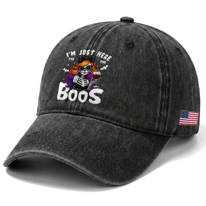 Funny Skull Halloween Washed Cotton Baseball Cap I Am Just Here For The Boos Skeleton Party Girl TS14 Print Your Wear