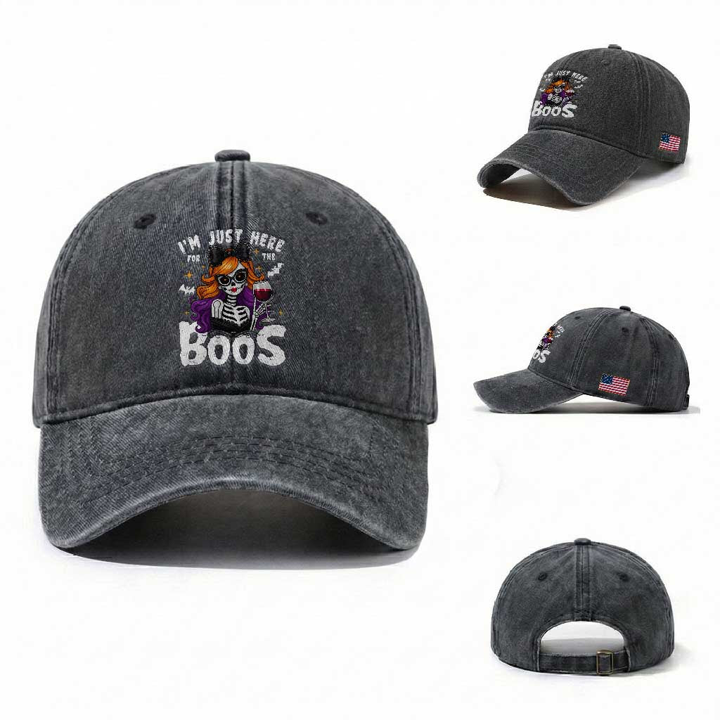 Funny Skull Halloween Washed Cotton Baseball Cap I Am Just Here For The Boos Skeleton Party Girl TS14 Washed Cap Universal Fit Dark Gray Print Your Wear