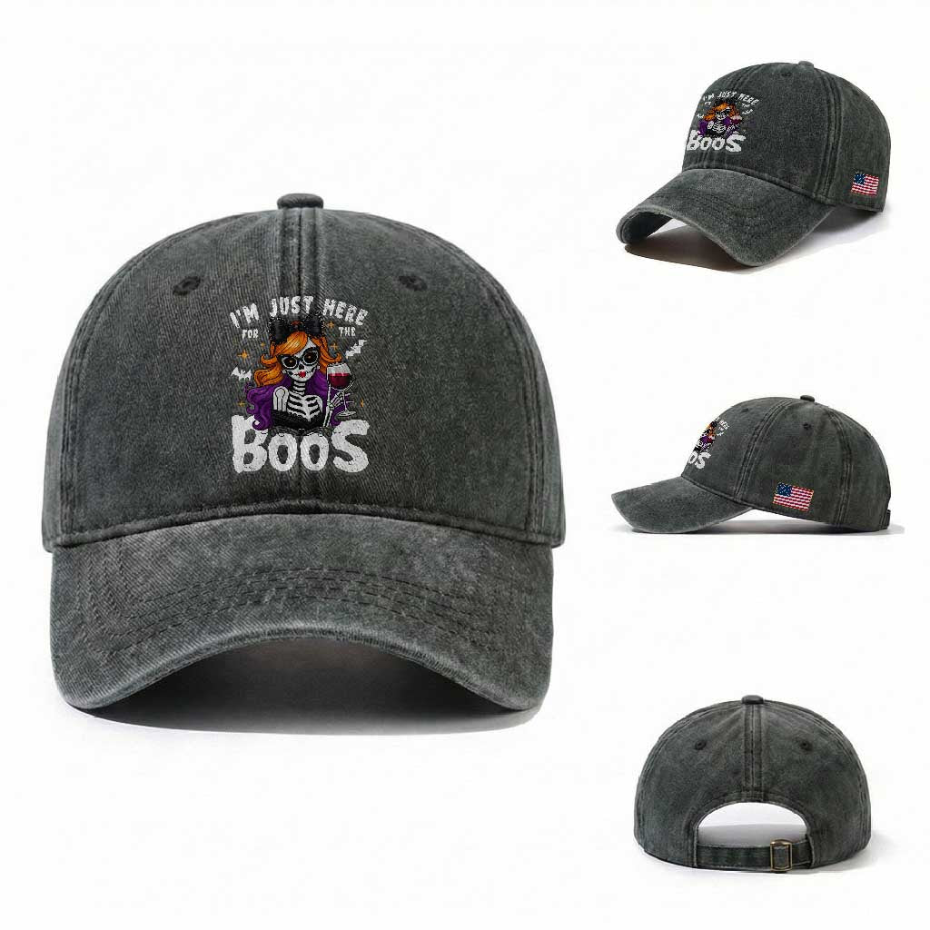 Funny Skull Halloween Washed Cotton Baseball Cap I Am Just Here For The Boos Skeleton Party Girl TS14 Washed Cap Universal Fit Dark Green Print Your Wear