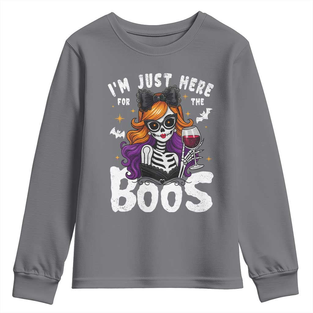Funny Skull Halloween Youth Sweatshirt I Am Just Here For The Boos Skeleton Party Girl TS14 Charcoal Print Your Wear